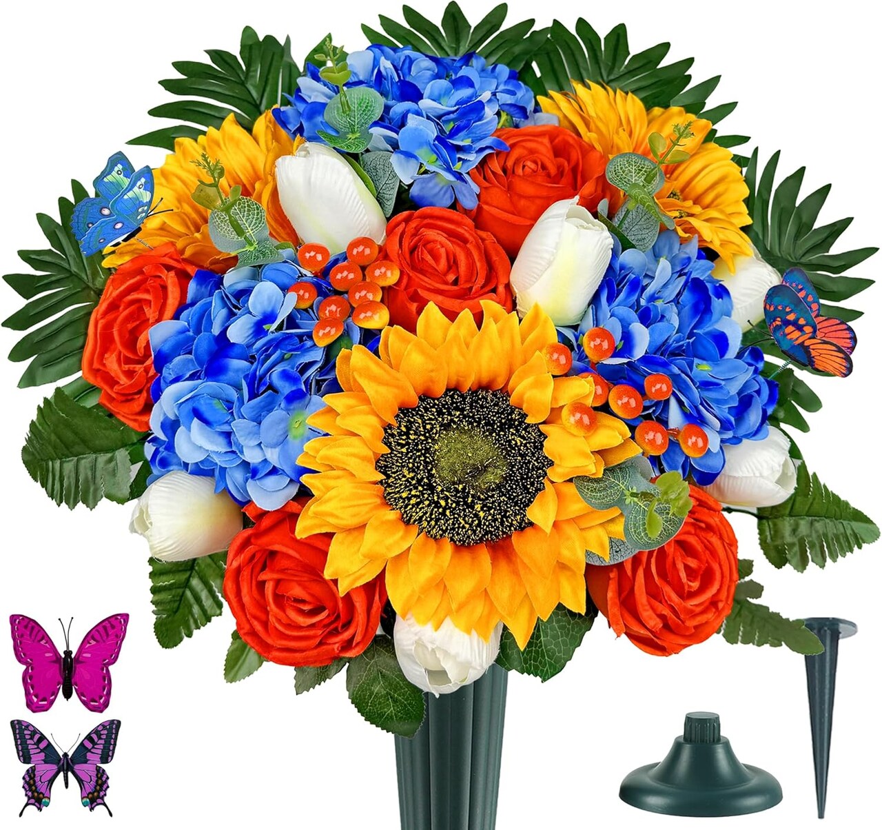Artificial Cemetery Flowers for Grave Vase - Orange Sunflower, Tulip & Rose Silk Bouquet - UV Resistant Memorial Floral Arrangement for Headstones & Graveside - Windproof Tombstone Decor (1 Pack)